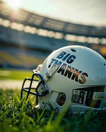 Gig Thanks Marketing - Winning Strategies for Small Businesses Big Thanks Marketing football helmet on a grass field in a stadium, symbolizing strong marketing strategies, winning business growth, and homegrown hard work.